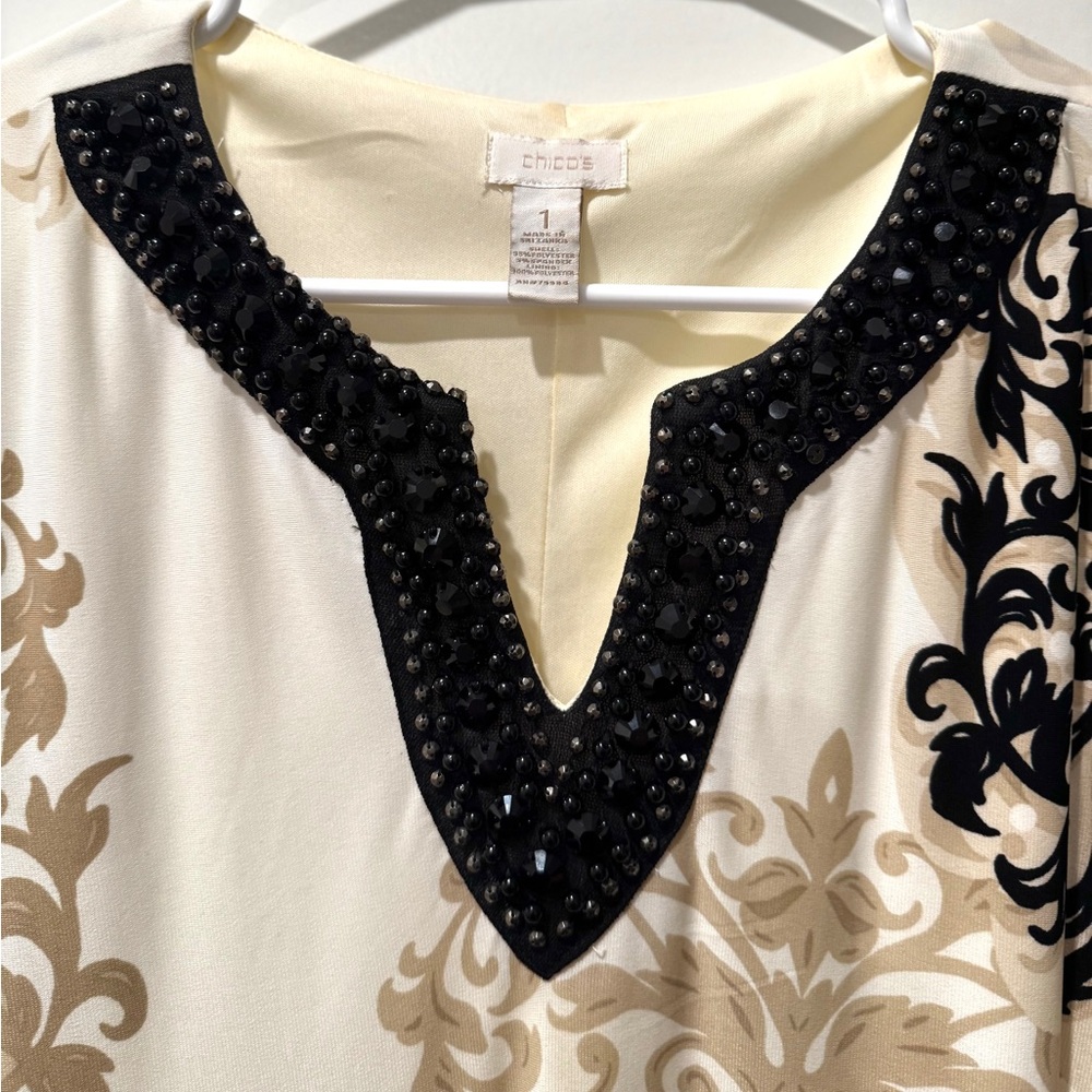 Chico’s Cream & Black Damask Beaded V-Neck Shift Dress Size 1 (M) - Picture 3 of 9